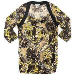 Vintage Suzie Baroque Chain Print Cowl Neck Top Y2K Brown Gold Stretch Blouse L